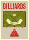 Billiards Championship typographical vintage grunge style poster design. Retro vector illustration. Royalty Free Stock Photo